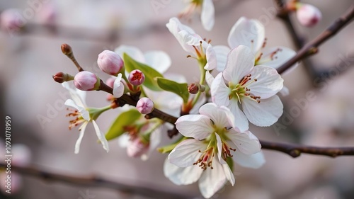 Close-up of intricate details on an apple blossom branch, stamens, flower details, delicate texture