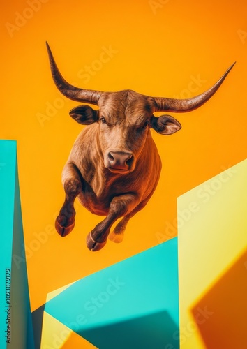 A bull leaps against an orange sky, surrounded by yellow and blue geometric shapes, creating a dynamic, energetic composition. photo