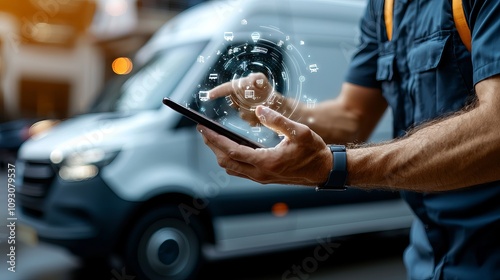 Innovative delivery van technology holographic contracts for seamless logistics urban streets digital interaction futuristic concept