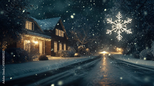 A snowy evening with glowing houses and a large snowflake in a quiet neighborhood during winter