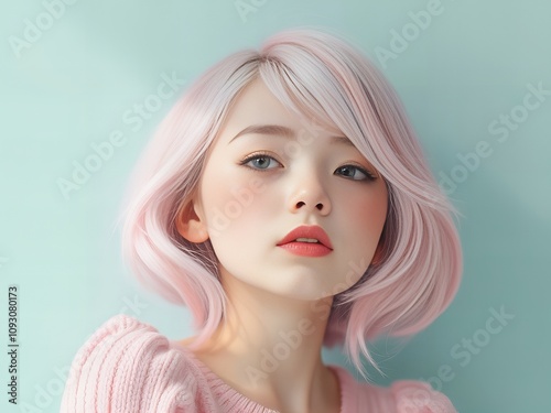  woman with pink hair and a pink sweater.