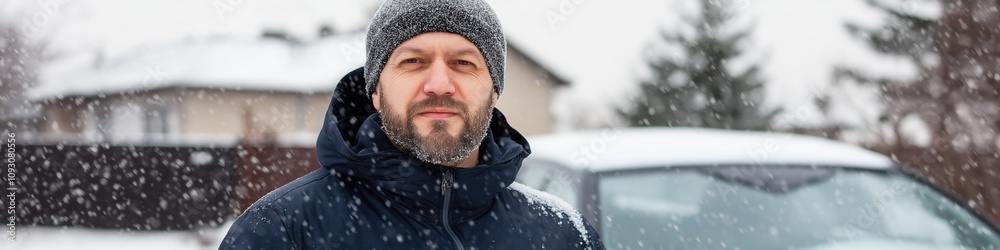 A man wearing a black coat and hat stands in the snow. He is smiling and looking at the camera. Behind him, a car is parked A man wearing a black coat and hat stands in the snow. He is smiling and looking at the camera. Behind him, a car is parked