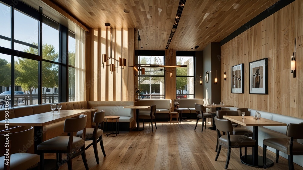 Here's a description and keywords for the image.. Modern restaurant interior with wood accents, large windows, and comfortable seating. Here's a description and keywords for the image.. Modern restaurant interior with wood accents, large windows, and comfortable seating.