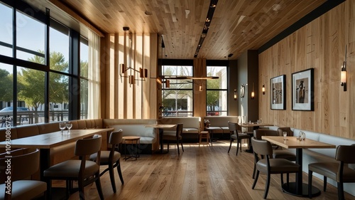 Here's a description and keywords for the image.. Modern restaurant interior with wood accents, large windows, and comfortable seating.