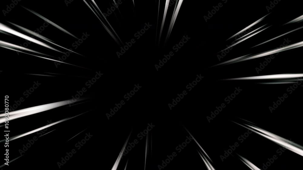 White anime speed lines seamless motion on black. Anime style radial comic speed lines. Flash action, velocity lines. Comic book, manga background. Moving with the speed of light. Fast light trails.