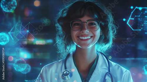 Smiling Doctor with Futuristic Medical Technology - Happy female doctor, medical technology, future healthcare, innovation, digital health. photo