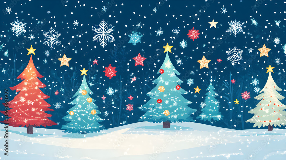 Festive winter scene with colorful Christmas trees and snowflakes Festive winter scene with colorful Christmas trees and snowflakes