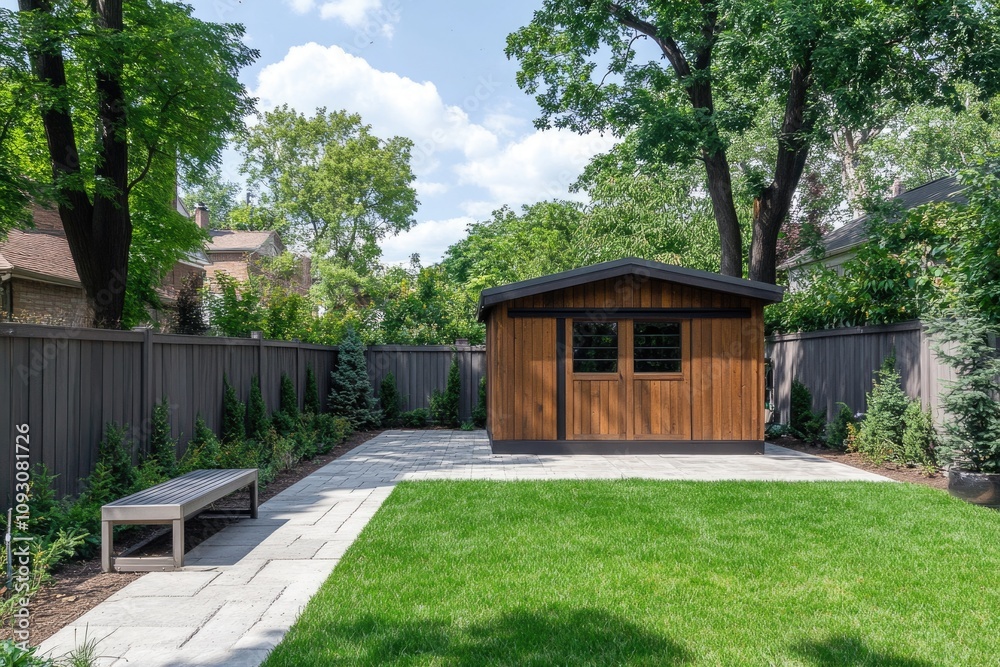 Modern Wooden Shed in a Contemporary Backyard with Empty White Bench Modern Wooden Shed in a Contemporary Backyard with Empty White Bench