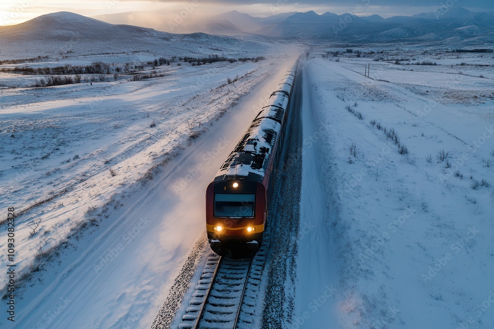 A train travels through a stunning snow-covered landscape, capturing the beauty and tranquility of winter travel amidst vast white expanses. A train travels through a stunning snow-covered landscape, capturing the beauty and tranquility of winter travel amidst vast white expanses.