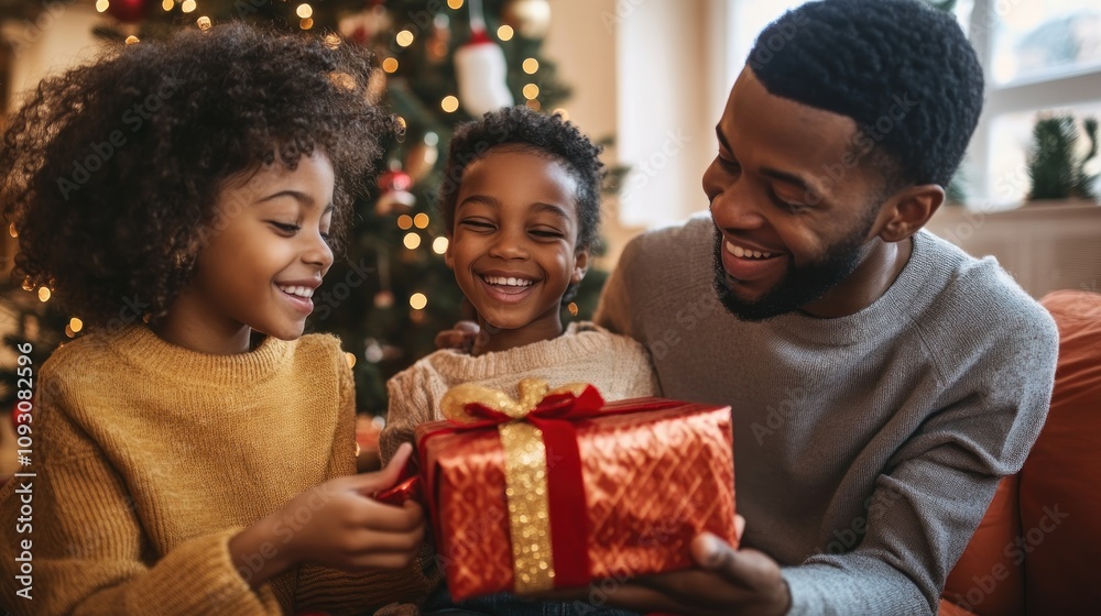 Happy Family Opens Christmas Gift Together Near Tree Happy Family Opens Christmas Gift Together Near Tree