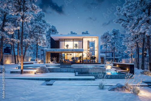 3d rendering of flat roof house with parking and pool for sale or rent with concrete facade and beautiful landscaping on background. Cool winter night with stars and snow in sky