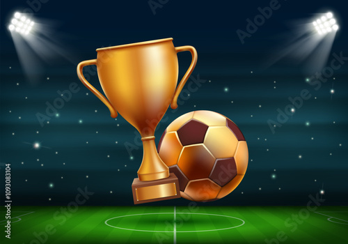 Golden cup and soccer ball on the background of football stadium. Stock vector illustration