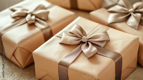 Close-up of elegant holiday gift boxes with luxurious wrapping paper and satin bows, set in a warm festive scene