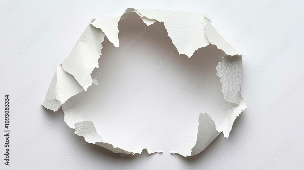Torn paper in the middle of a plain white background, the ripped edges sharp and chaotic, creating an intense focal point. Torn paper in the middle of a plain white background, the ripped edges sharp and chaotic, creating an intense focal point.