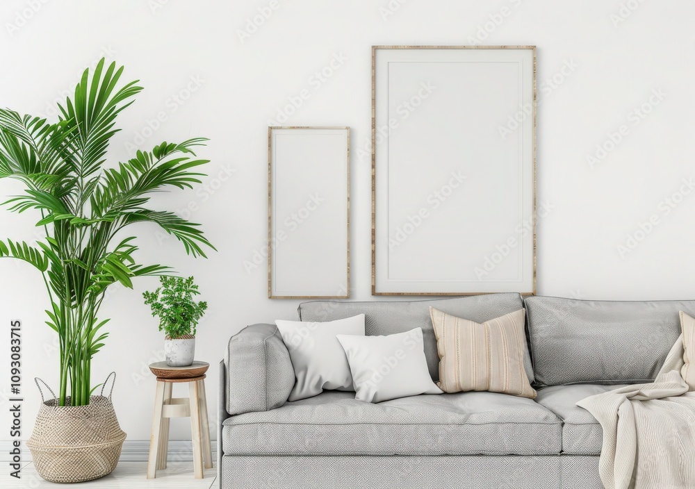 A modern living room interior with a gray sofa, two framed artwork, and potted plants. The room has a light and airy feel