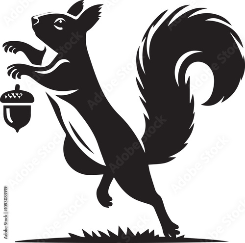 A squirrel balancing on its legs while holding an acorn silhouette vector