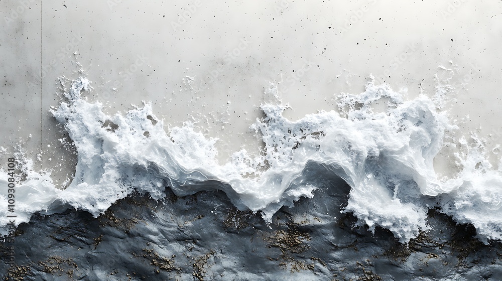 Modern abstract sea wave design colliding with a textured concrete wall 3d rendering Modern abstract sea wave design colliding with a textured concrete wall 3d rendering