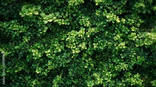 A dense, vibrant green bush filled with tiny leaves forms a lush canopy of greenery, representing abundance and nature's richness in every intricate detail.