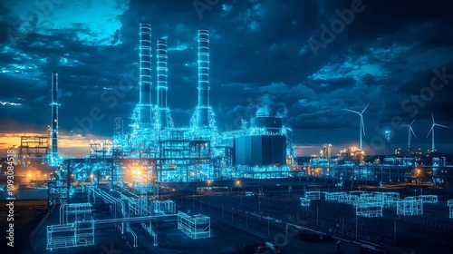Futuristic AI Powered Renewable Energy Plant Glowing in the Night