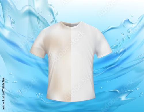 White t-shirt washed and half of shirt dirty with stain. Stock vector illustration