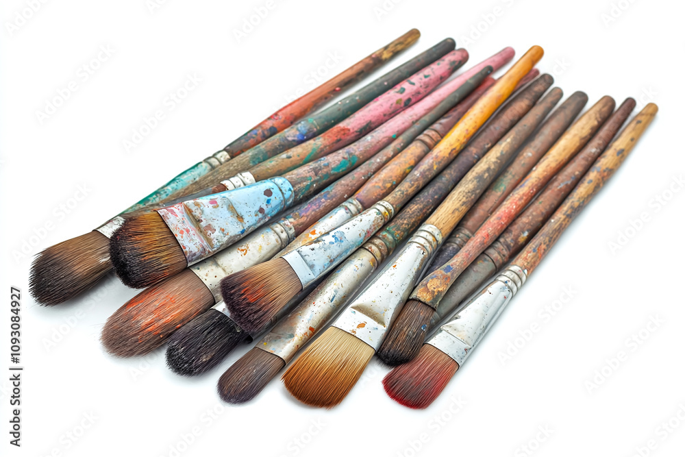 Paint brushes and art supplies on a white background, space for copy text. Paint brushes and art supplies on a white background, space for copy text.