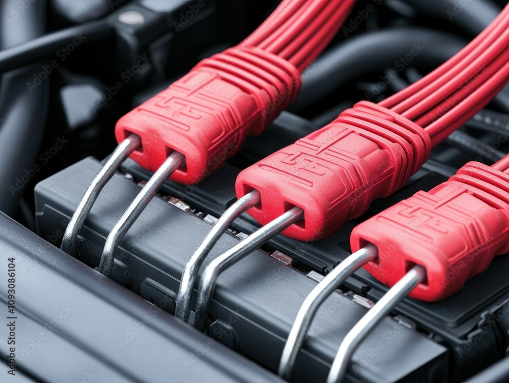 Detailed view of red insulated power cables connected to an electrical device, showcasing industrial wiring and modern engineering design. Detailed view of red insulated power cables connected to an electrical device, showcasing industrial wiring and modern engineering design.