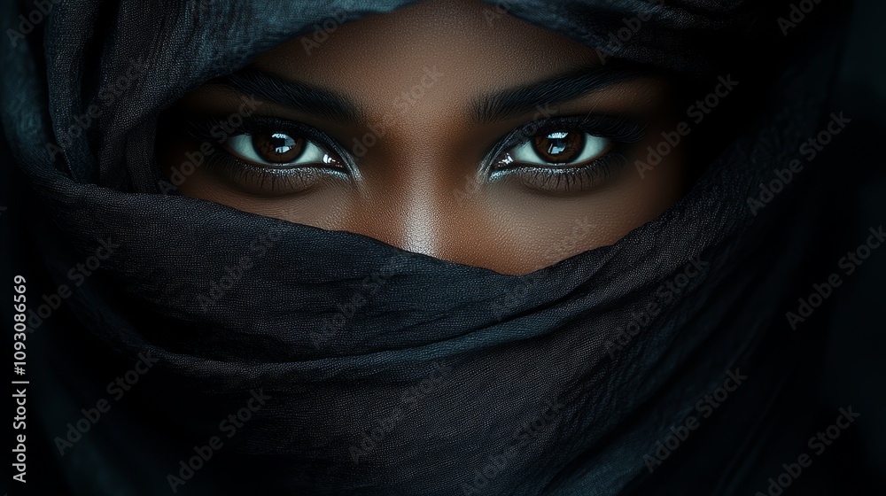 Intriguing eyes peer from beneath a dark scarf, beautifully reflecting the surrounding light Intriguing eyes peer from beneath a dark scarf, beautifully reflecting the surrounding light