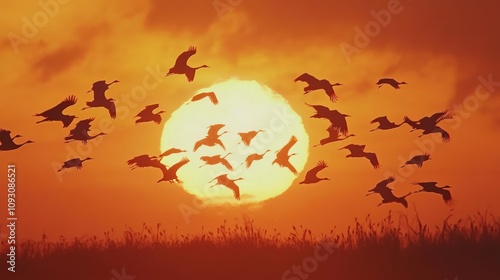 Majestic Sunset Silhouette: A Flight of Cranes