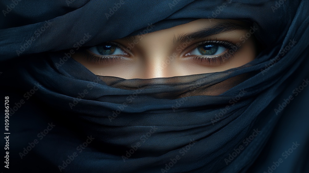 Eyes peer through layers of fabric, revealing a story of mystery and cultural beauty at twilight Eyes peer through layers of fabric, revealing a story of mystery and cultural beauty at twilight