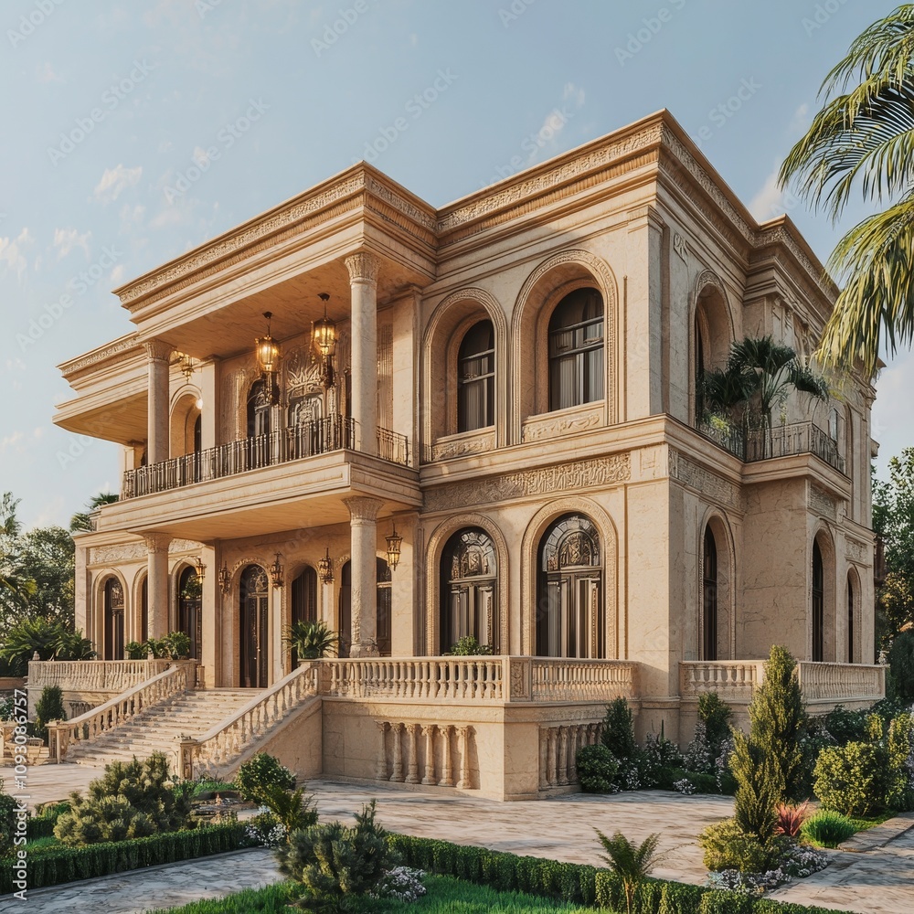 Obraz premium Majestic Villa Surrounded by Lush Gardens and Palm Trees, Showcasing Intricate Architecture Under a Clear Blue Sky at Golden Hour