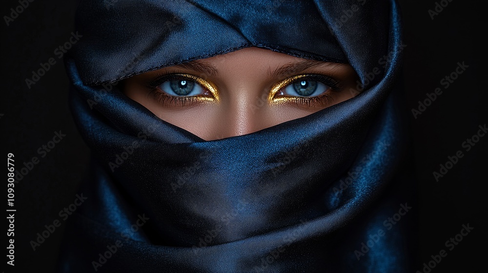 A close-up of a person in a dark silk scarf, their blue eyes gleaming with allure A close-up of a person in a dark silk scarf, their blue eyes gleaming with allure