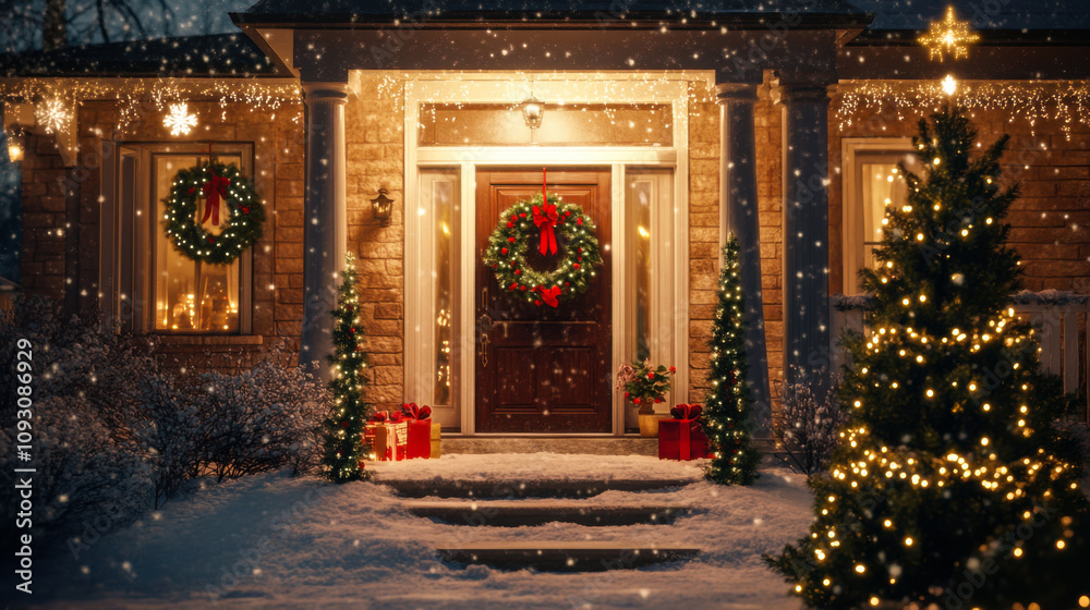 A beautifully decorated front entrance with festive lights and snow during Christmas evening at a suburban home A beautifully decorated front entrance with festive lights and snow during Christmas evening at a suburban home