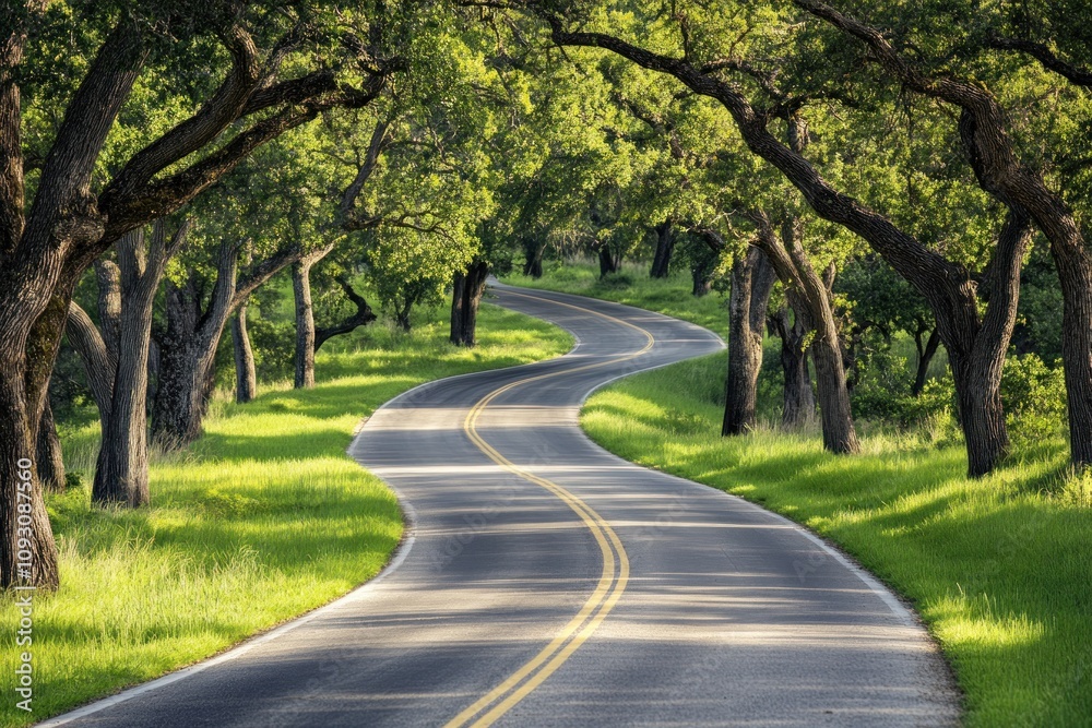 Winding Country Road Under Shady Oak Trees Winding Country Road Under Shady Oak Trees