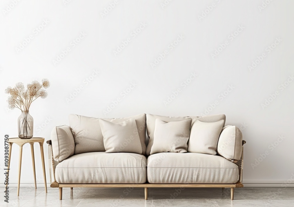 Minimalist living room interior with a grey sofa, a small table with a vase of dried flowers, and a white wall Minimalist living room interior with a grey sofa, a small table with a vase of dried flowers, and a white wall