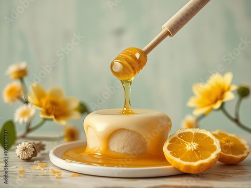 there is a honey dripping from a wooden spoon onto a cake. photo