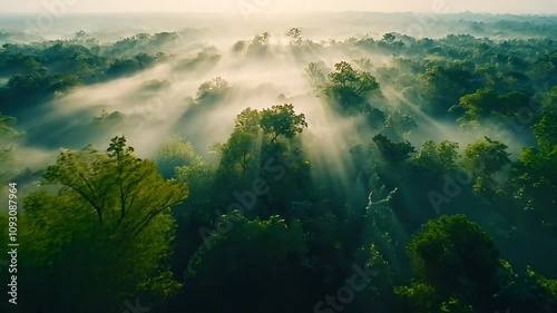 Wallpaper Mural Aerial view of a misty forest at sunrise, with rays of light piercing through the canopy. Torontodigital.ca