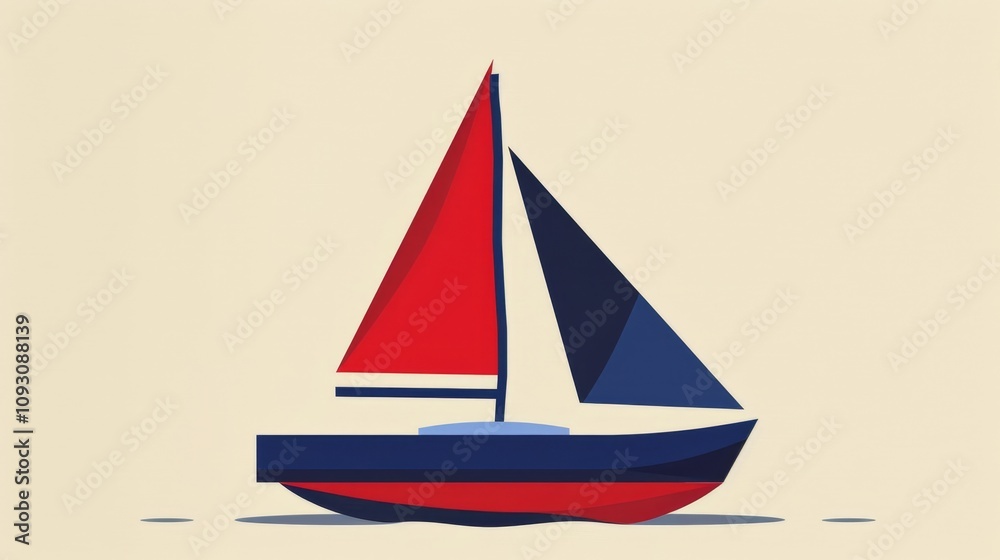 A red and blue sailboat is shown on a white background. The boat is small and has a triangular sail. Concept of calmness and serenity, as the sailboat is floating peacefully on the water A red and blue sailboat is shown on a white background. The boat is small and has a triangular sail. Concept of calmness and serenity, as the sailboat is floating peacefully on the water
