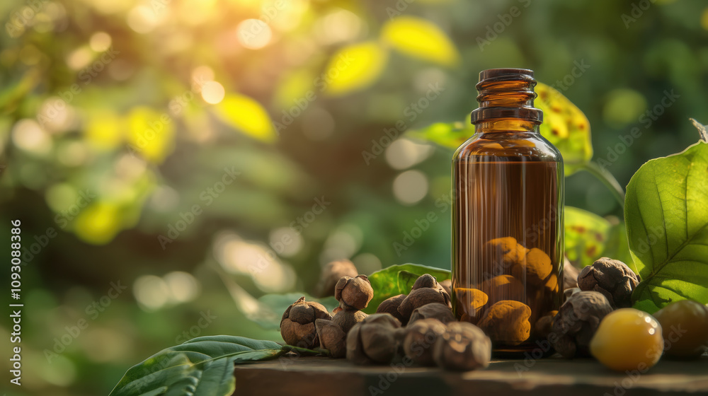 Triphala Herbal Extract in a Glass Bottle Surrounded by Fresh Triphala Fruits in a Colorful Garden