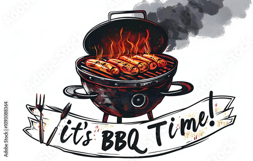 Vintage Style BBQ Grill Illustration with 'It's BBQ Time!' Text - Vector Graphic Design for Summer Barbecue Enthusiasts - Generative AI
