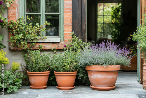 Retro rooftop garden with terracotta pots.