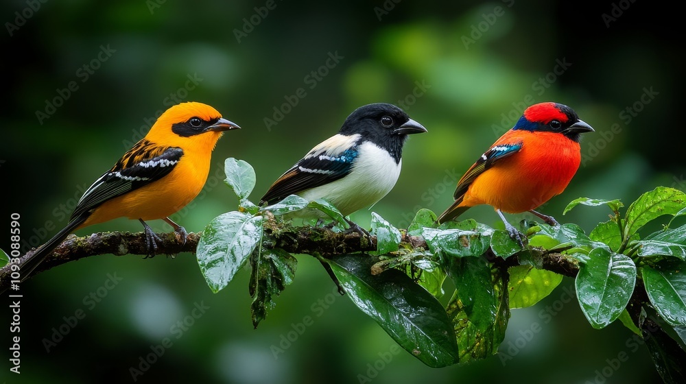Magnificent Tropical Birds on Branch - Three vibrant birds, orange, black-white, and red, perched on a lush green branch. Symbolizing nature, beauty, diversity, paradise, and freedom. Magnificent Tropical Birds on Branch - Three vibrant birds, orange, black-white, and red, perched on a lush green branch. Symbolizing nature, beauty, diversity, paradise, and freedom.