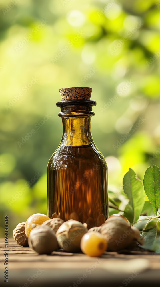 Natural Triphala Extract in a Green Herbal Bottle with Fresh Triphala Fruits and Lush Garden Background Natural Triphala Extract in a Green Herbal Bottle with Fresh Triphala Fruits and Lush Garden Background