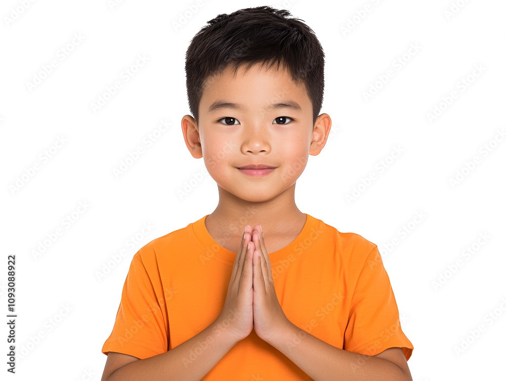 Serene moment, young boy in orange shirt finds peace in prayerful contemplation young Serene moment, young boy in orange shirt finds peace in prayerful contemplation young