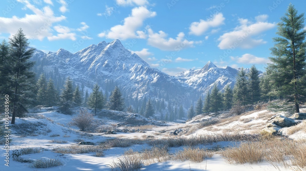 Majestic Snow-Covered Mountains in Winter Wonderland - Serene winter landscape, snow capped peaks, coniferous forest, tranquil valley, breathtaking vista.