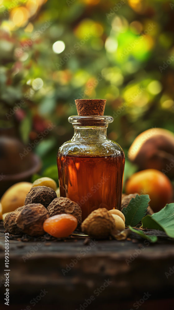 Triphala Extract in a Herbal Bottle Surrounded by Fresh Triphala Fruits in a Vibrant Garden, Natural Ayurvedic Remedy Triphala Extract in a Herbal Bottle Surrounded by Fresh Triphala Fruits in a Vibrant Garden, Natural Ayurvedic Remedy