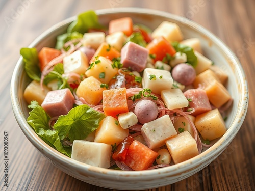 there is a bowl of food that is sitting on a table.