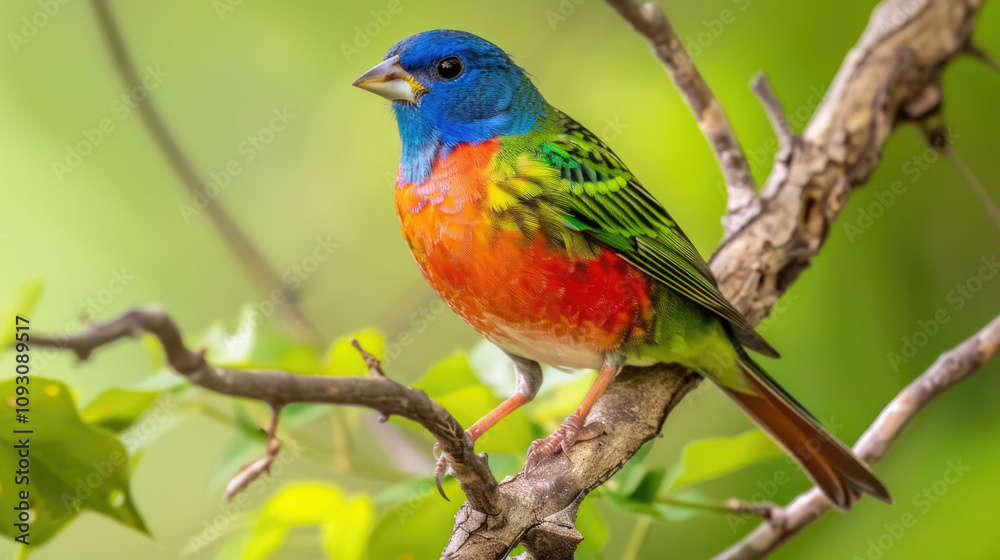 Vibrant Painted Bunting Perched on Branch in Lush Greenery Captured in Stunning Detail Vibrant Painted Bunting Perched on Branch in Lush Greenery Captured in Stunning Detail