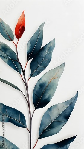 Elegant minimalist branch with red leaf on white background