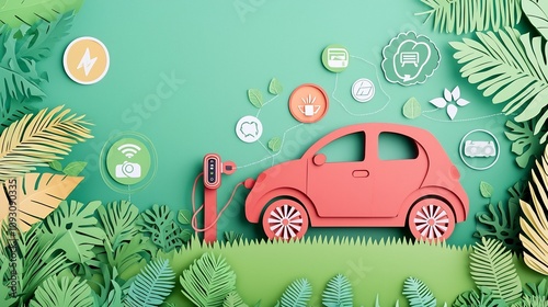 Vibrant paper cut depicting an electric vehicle connected to a charging port surrounded by green energy icons representing sustainability renewable power and eco friendly transportation photo