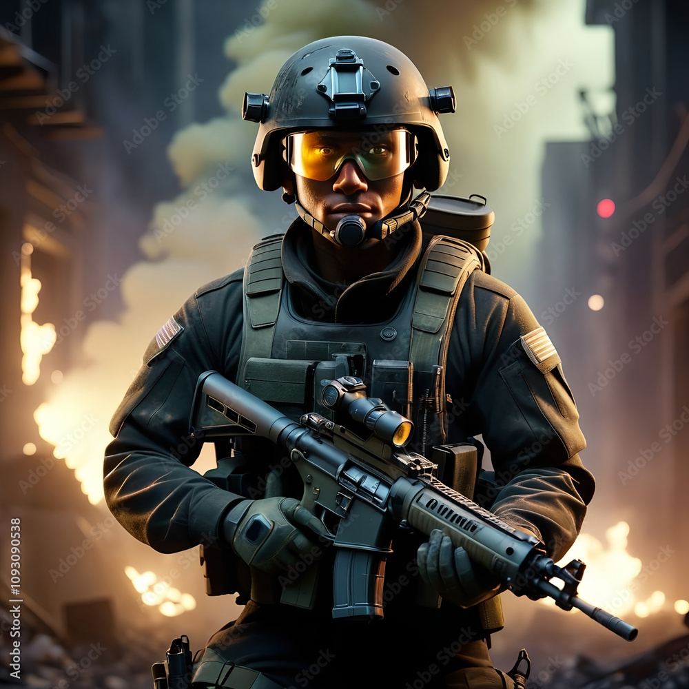 Modern military soldier, futuristic armed forces, warzone scene
